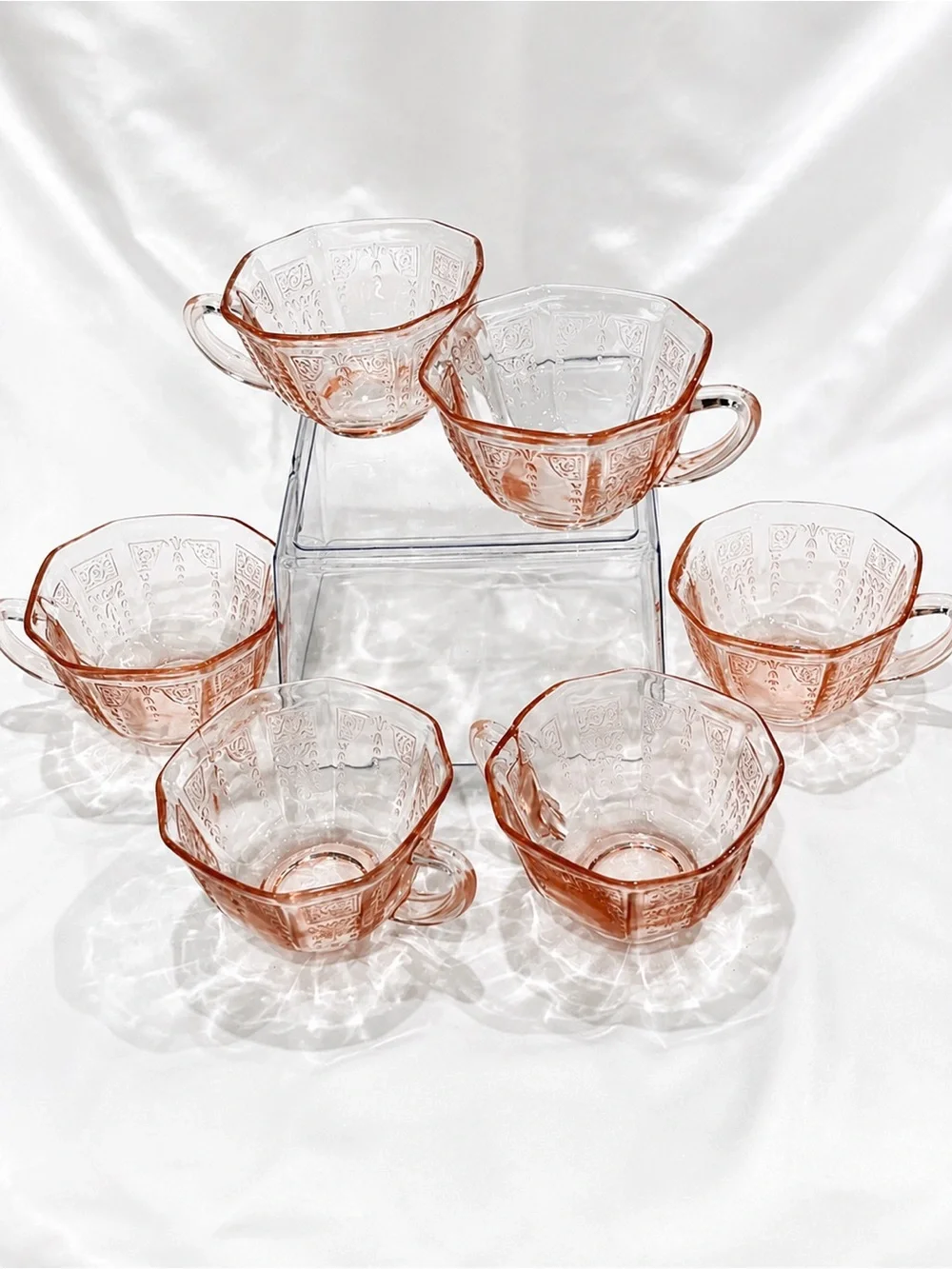 Set (6) Anchor Hocking “Princess Pink” Depression Glass Detailed Tea/Punch Cups.